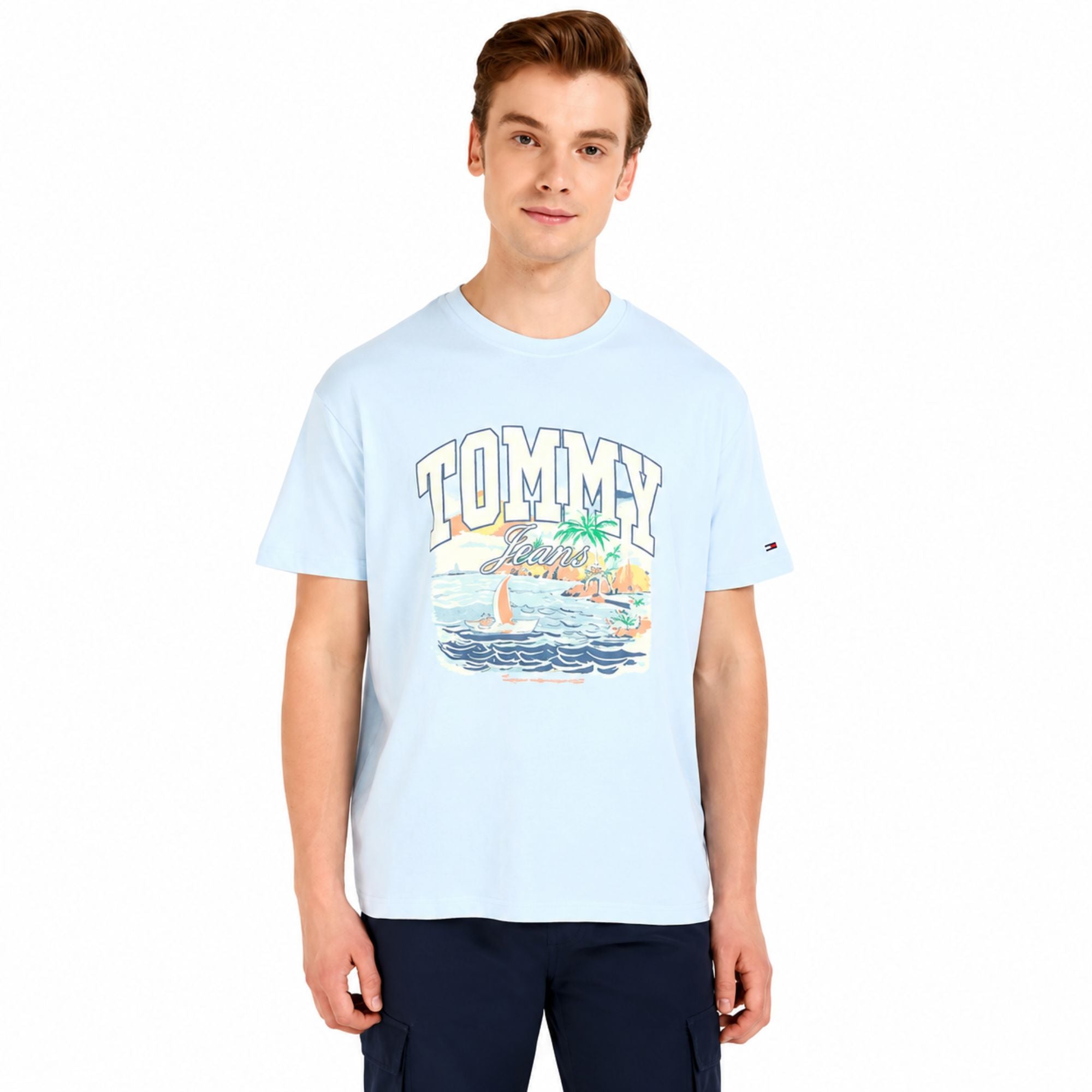 TOMMY HILFIGER Men Graphic Print Crew Neck Cotton Blend T-Shirt - Blue