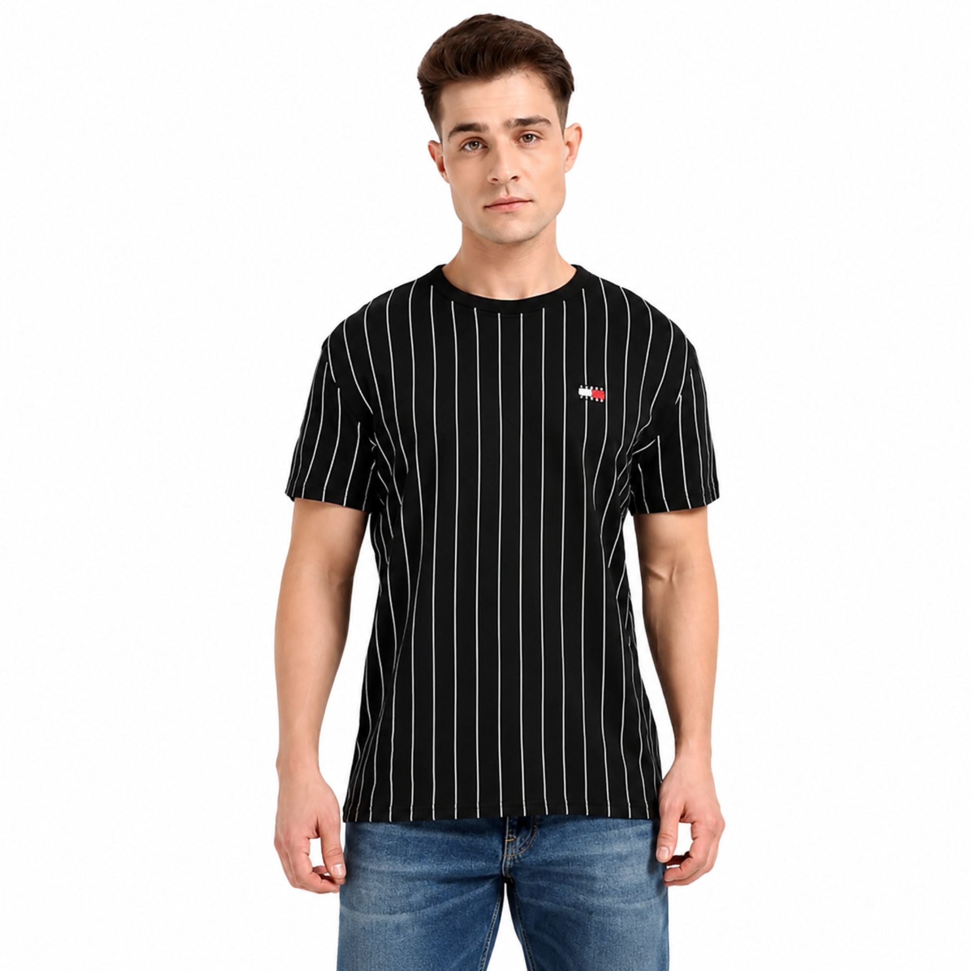 TOMMY HILFIGER Men’s Striped Crew Neck Cotton T-Shirt - Black
