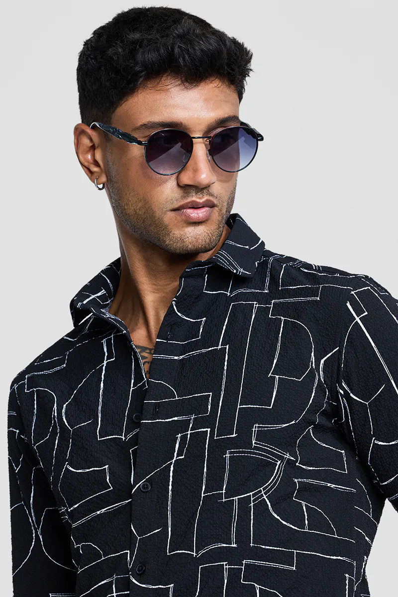 Snitch Men Black Textured Abstract Slim Fit Casual Shirt for Men