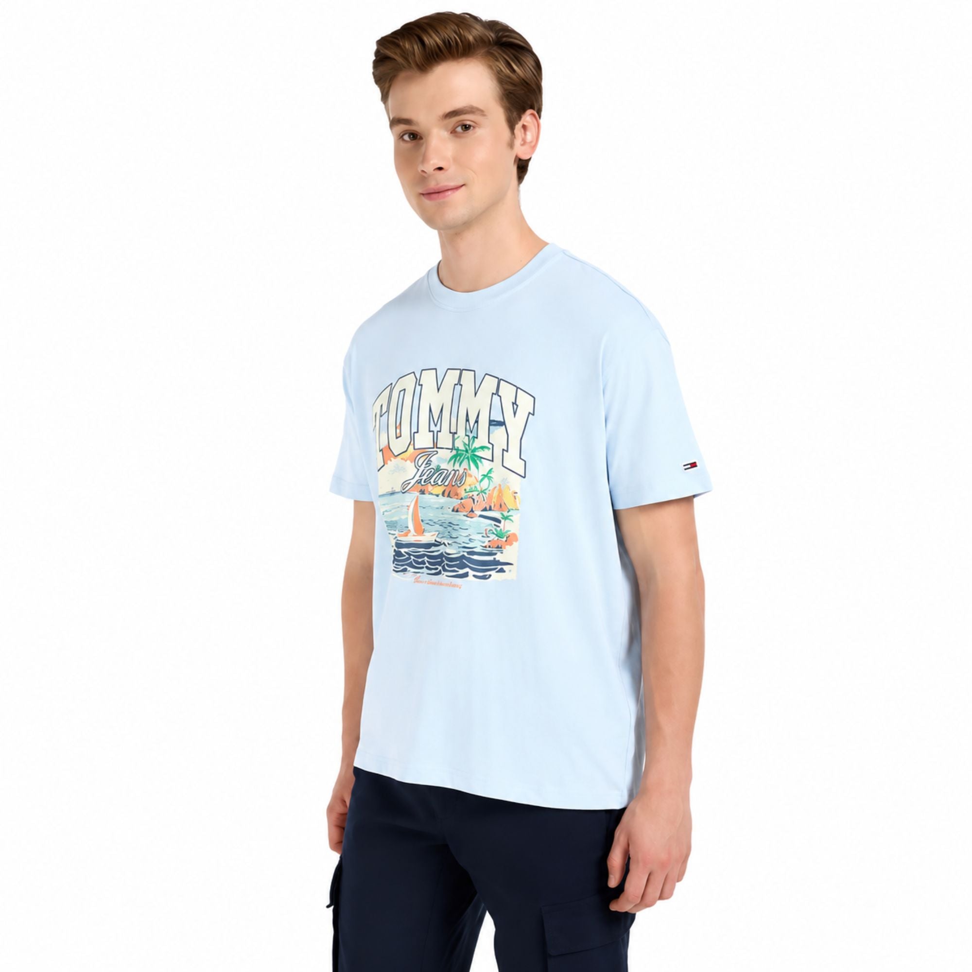 TOMMY HILFIGER Men Graphic Print Crew Neck Cotton Blend T-Shirt - Blue
