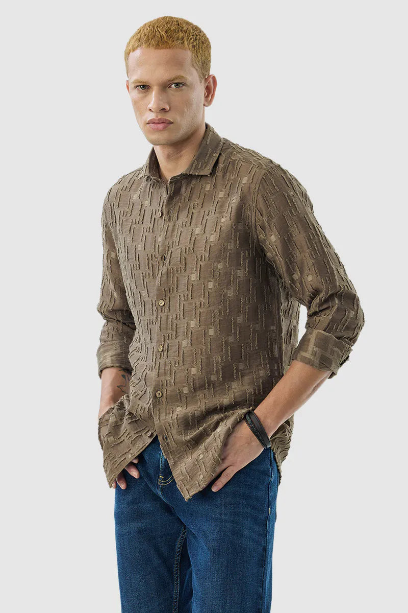 Snitch Brown Textured Slim Luxe Fit Shirt for Men
