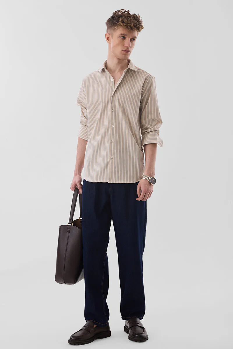 Snitch Men Beige Striped Slim Fit Luxe Casual Shirt for Men