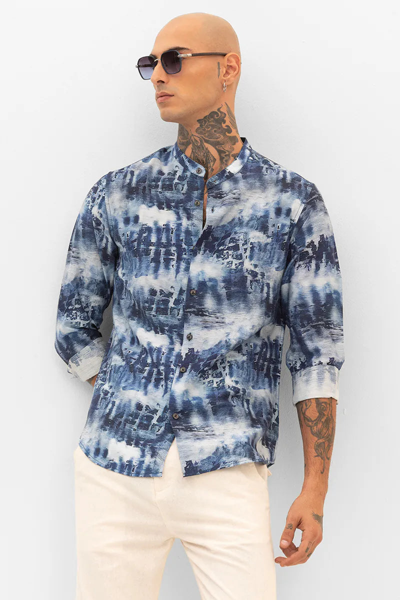 Snitch Dark Blue Slim Fit Abstract Shirt for Men