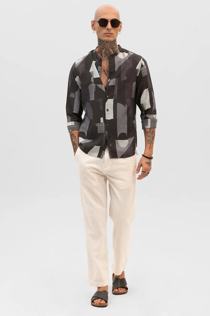 Snitch Black Abstract Mandarin Shirt for Men
