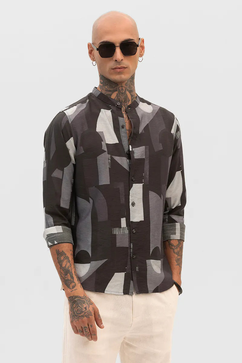 Snitch Black Abstract Mandarin Shirt for Men