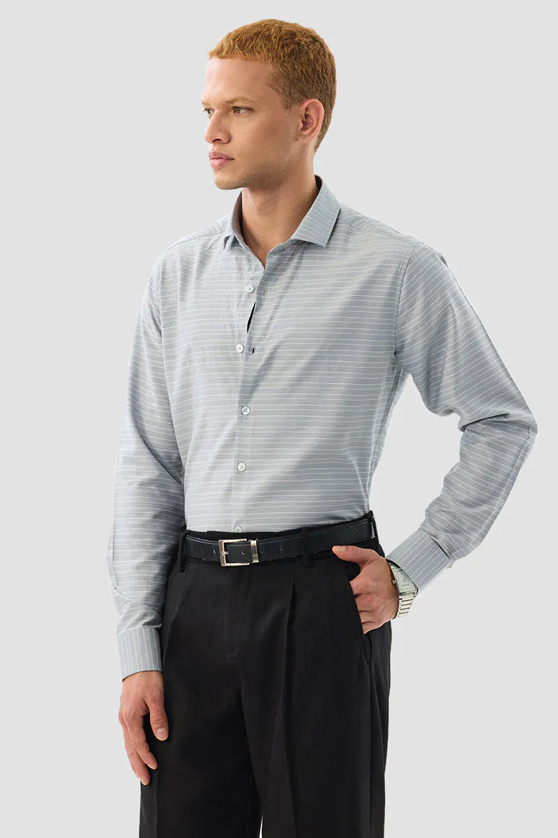 Snitch Men Light Grey Striped Slim Fit Casual Shirt