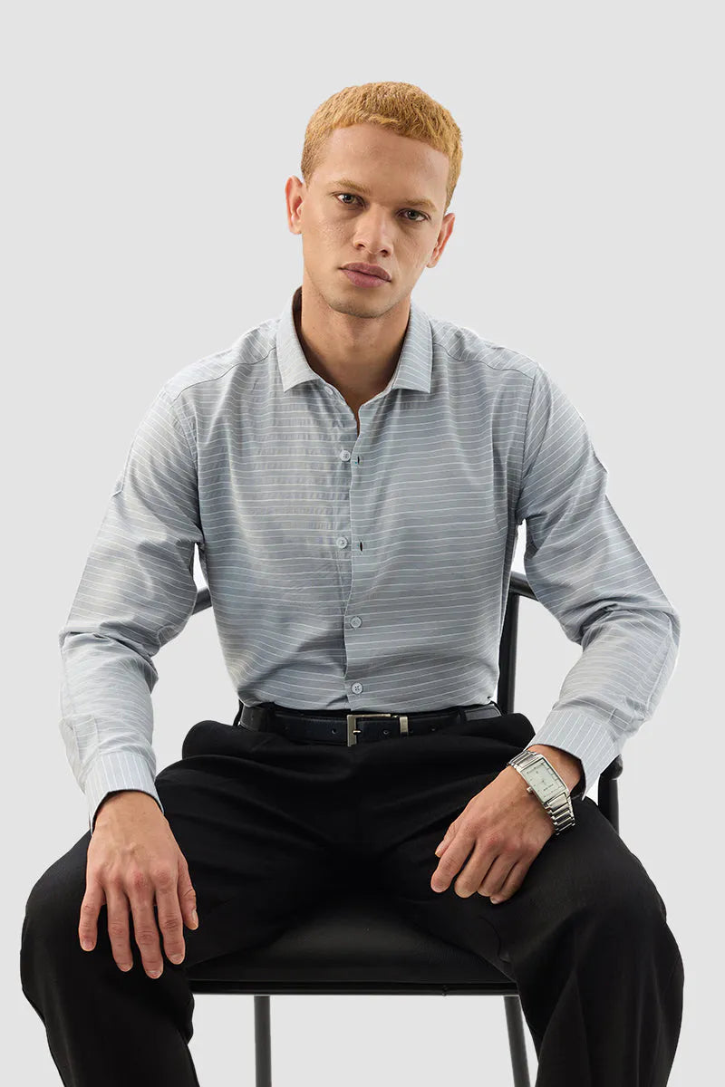 Snitch Men Light Grey Striped Slim Fit Casual Shirt