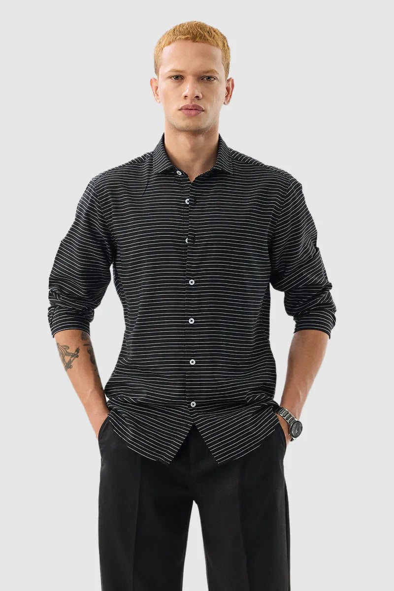 Snitch Men Black Striped Slim Fit Casual Shirt for Everyday Style