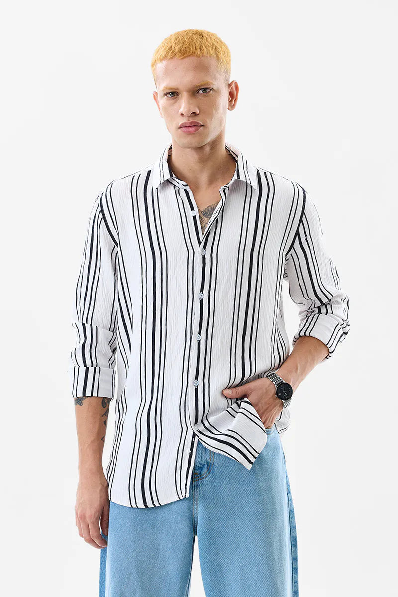 Snitch Men Slim Fit White Striped Casual Shirt