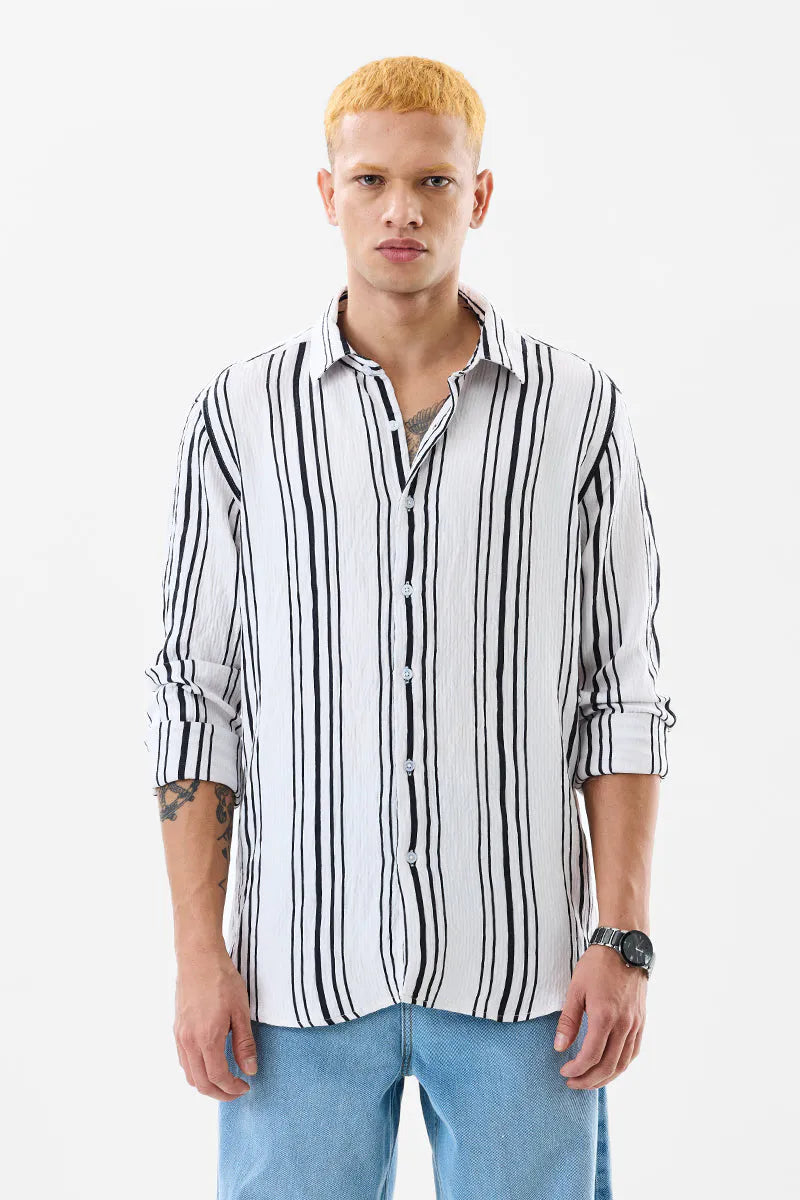 Snitch Men Slim Fit White Striped Casual Shirt
