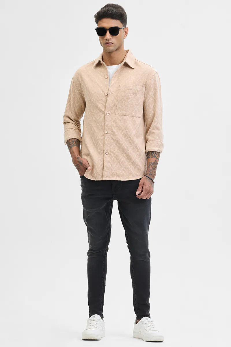 Snitch Beige Geometric Regular Fit Overshirt for Men