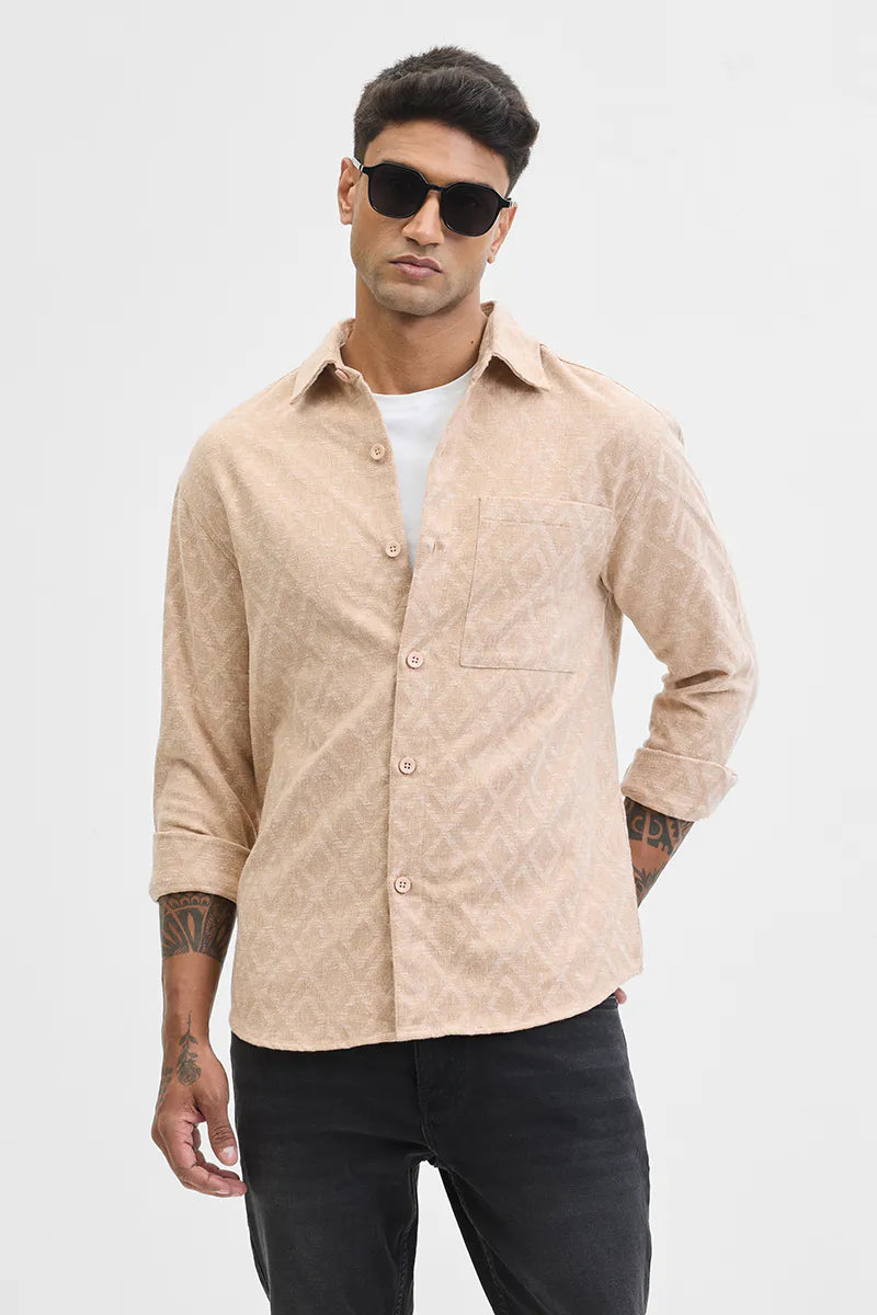 Snitch Beige Geometric Regular Fit Overshirt for Men