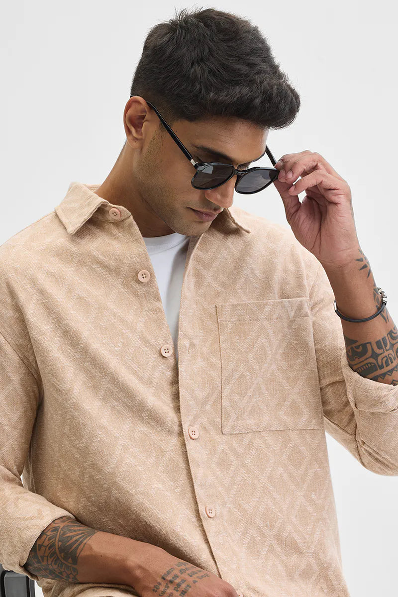 Snitch Beige Geometric Regular Fit Overshirt for Men