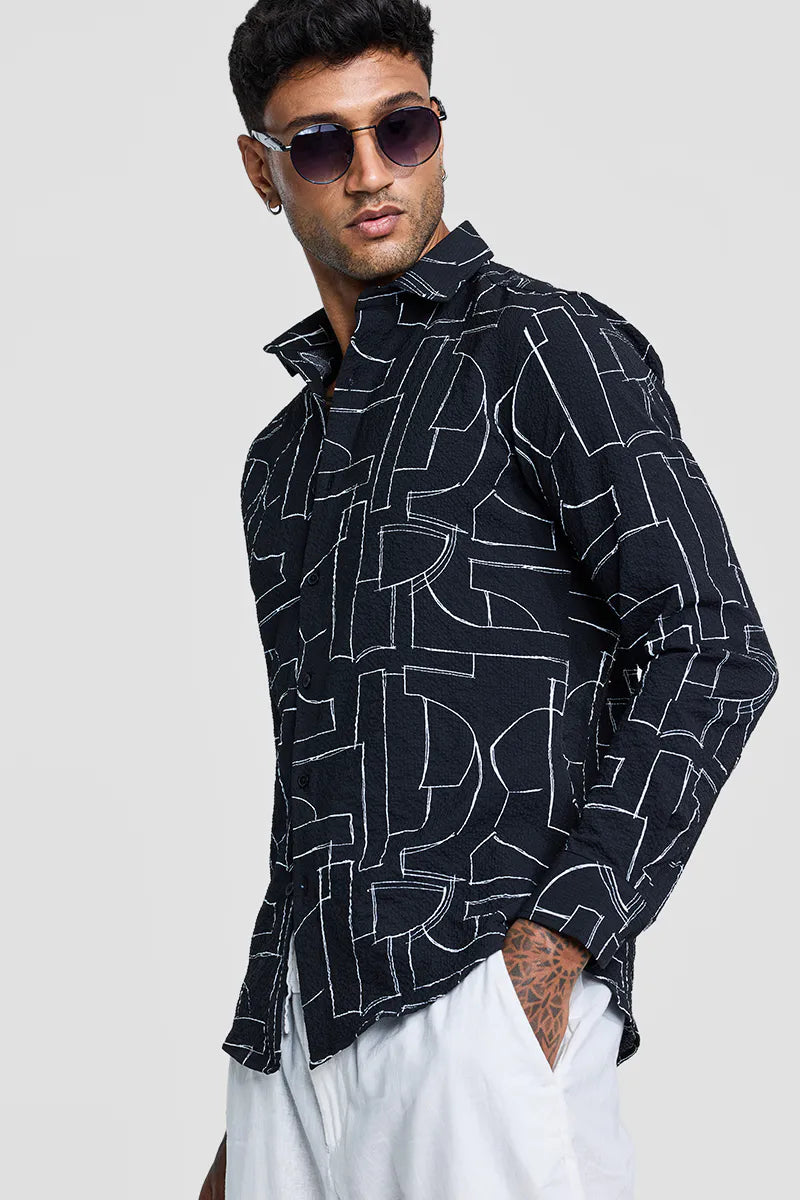 Snitch Men Black Textured Abstract Slim Fit Casual Shirt for Men