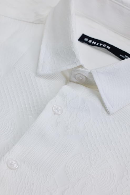 Snitch White Slim Fit Self Design Spread Collar Shirt for Men