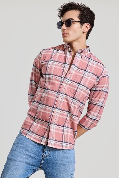 Snitch Pink Checks Button Down Shirt for Men
