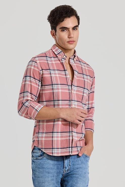 Snitch Pink Checks Button Down Shirt for Men