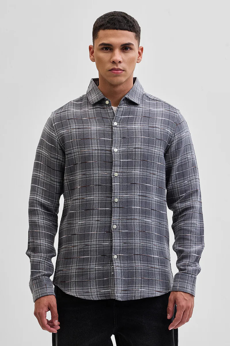Snitch Grey Slub Textured Checks Shirt for Men