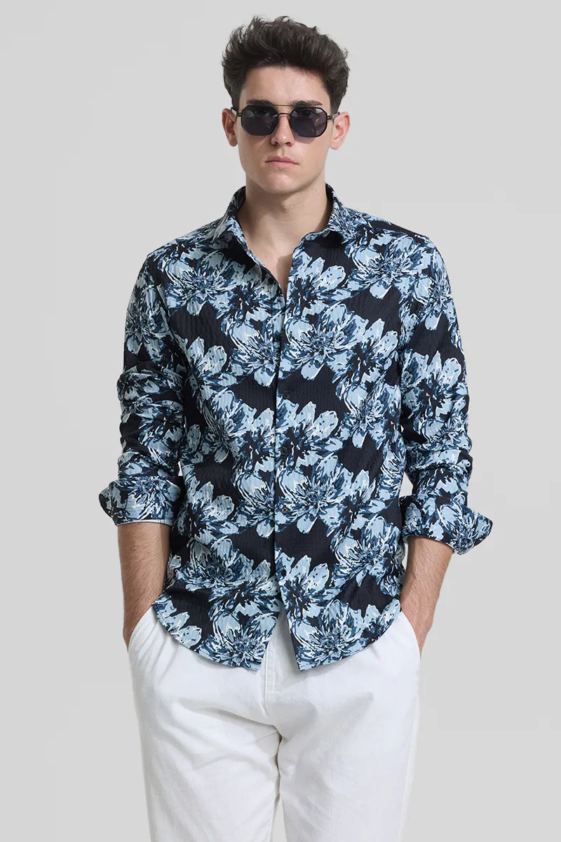 Snitch Black Floral Slim Fit Casual Shirt for Men