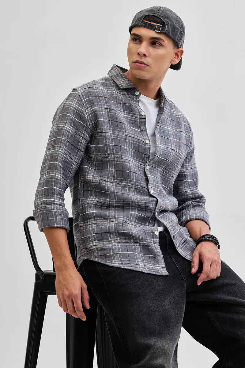 Snitch Grey Slub Textured Checks Shirt for Men