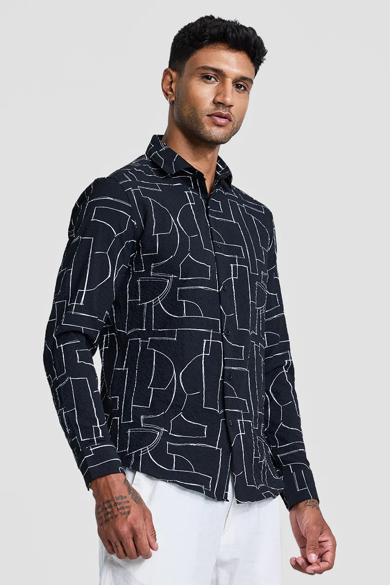 Snitch Men Black Textured Abstract Slim Fit Casual Shirt for Men