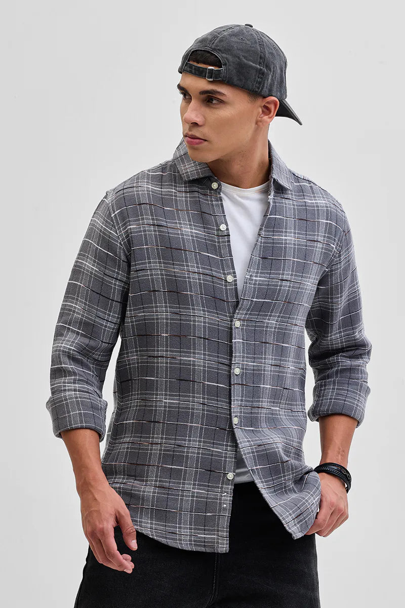 Snitch Grey Slub Textured Checks Shirt for Men