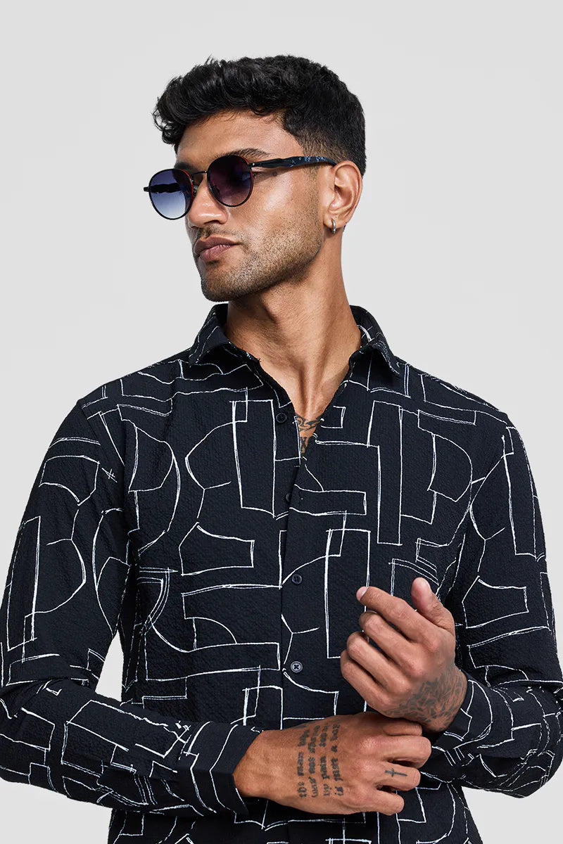 Snitch Men Black Textured Abstract Slim Fit Casual Shirt for Men