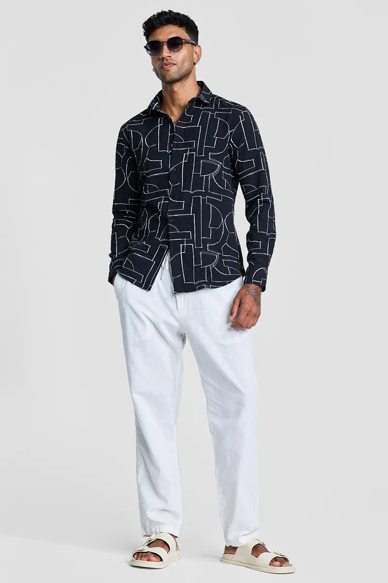 Snitch Men Black Textured Abstract Slim Fit Casual Shirt for Men
