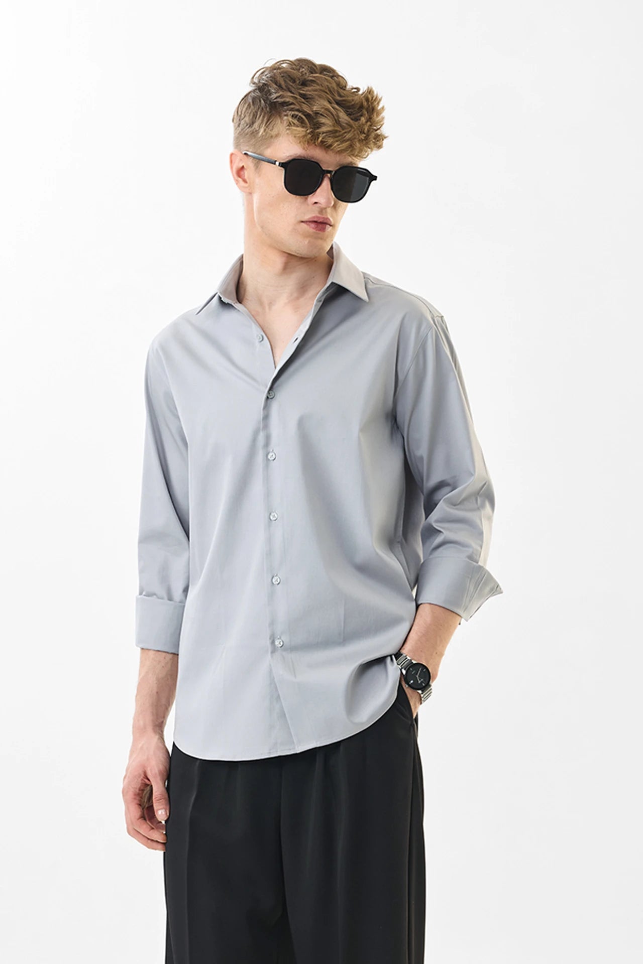 Snitch Men Grey Slim Fit Stretch Luxe Casual Shirt for Men