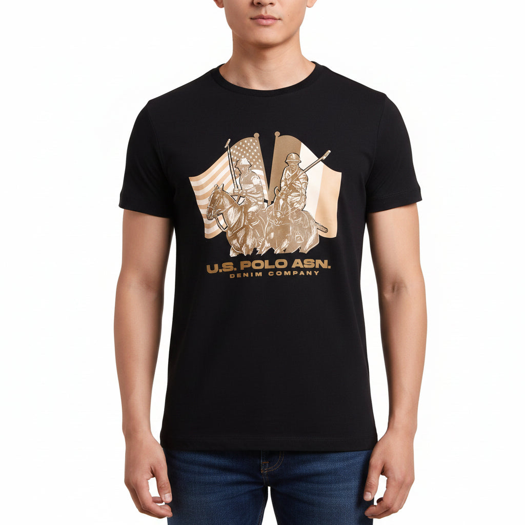 U.S. Polo Assn. Denim Co. Men Printed Round Neck Pure Cotton Black T-Shirt
