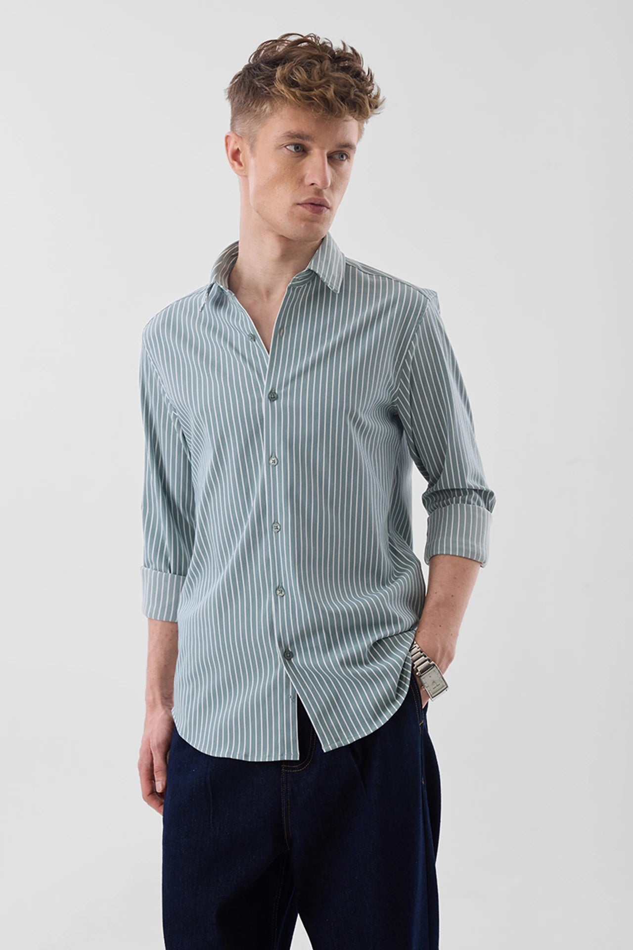 Snitch Men Grey Striped Slim Fit Luxe Casual Shirt