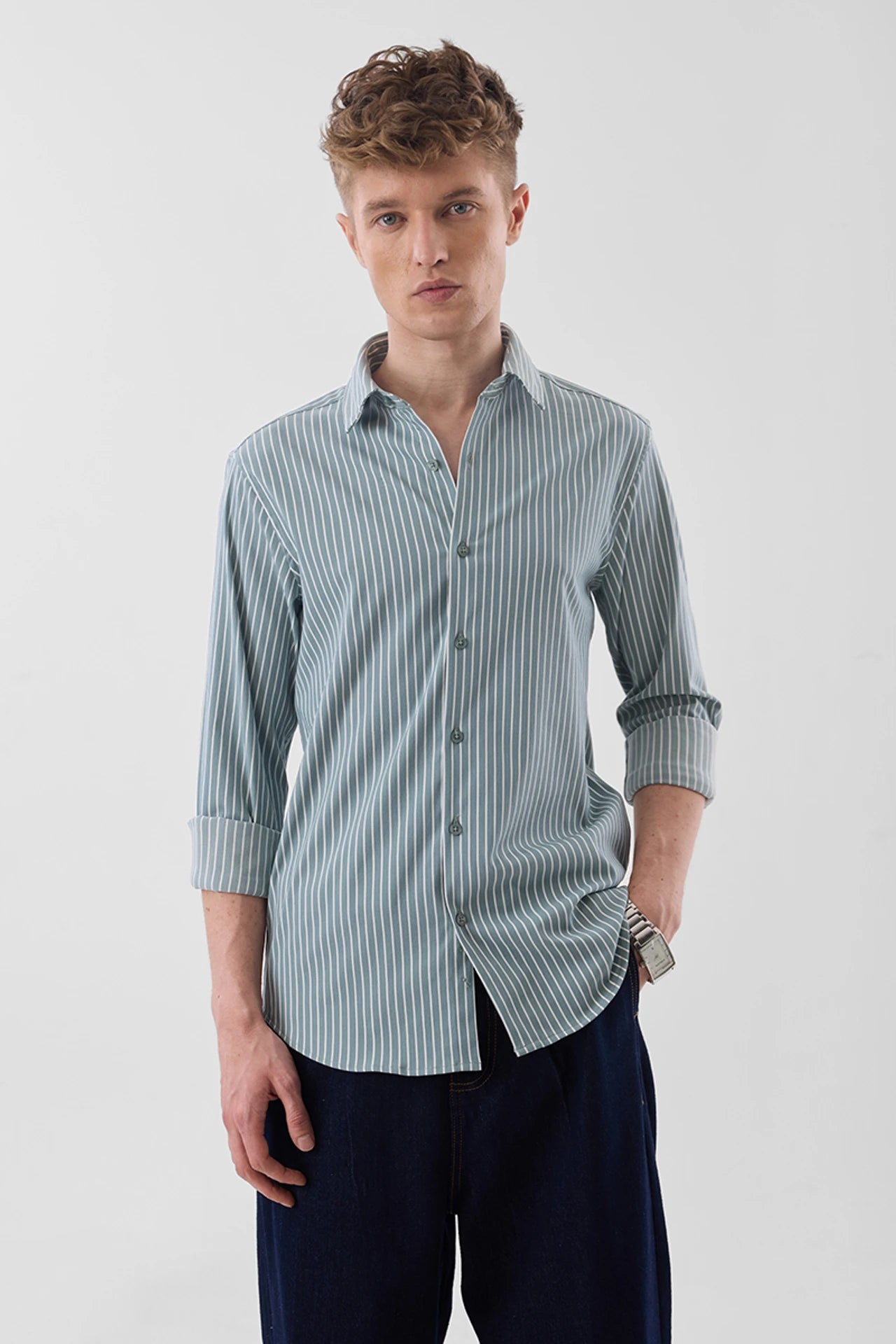 Snitch Men Grey Striped Slim Fit Luxe Casual Shirt