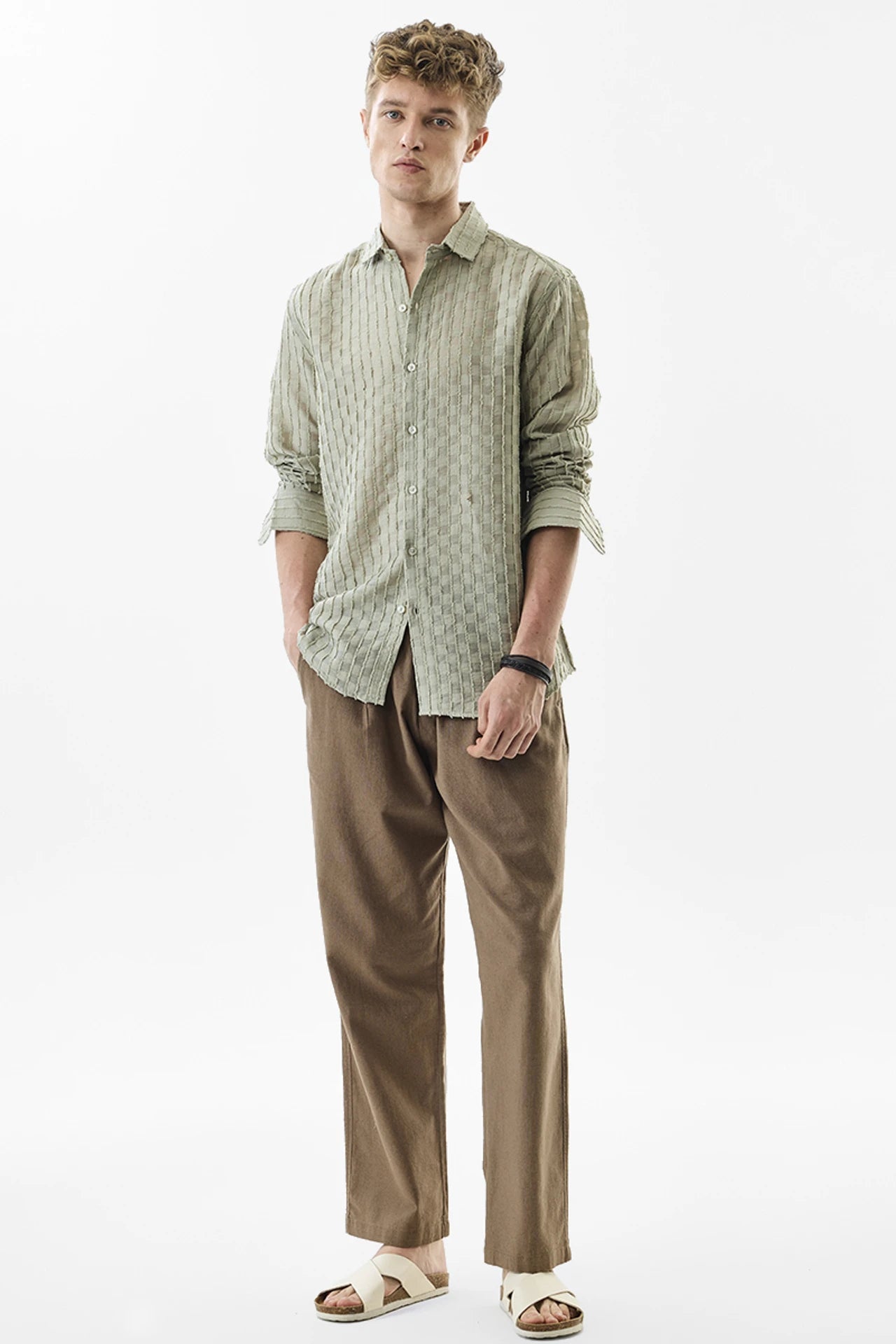 Snitch Light Green Slim Fit Textured Stripe Shirt for Men