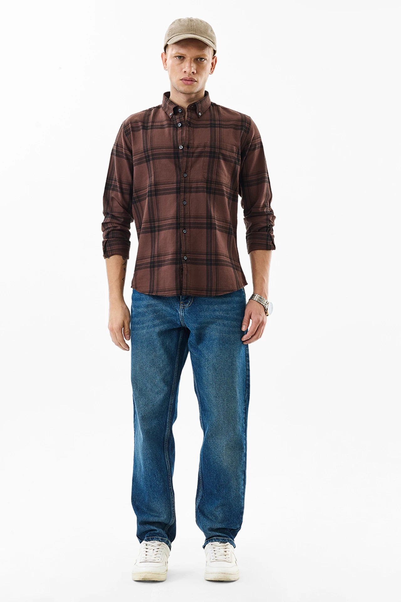 Snitch Brown Slim Fit Checkered Shirt for Men