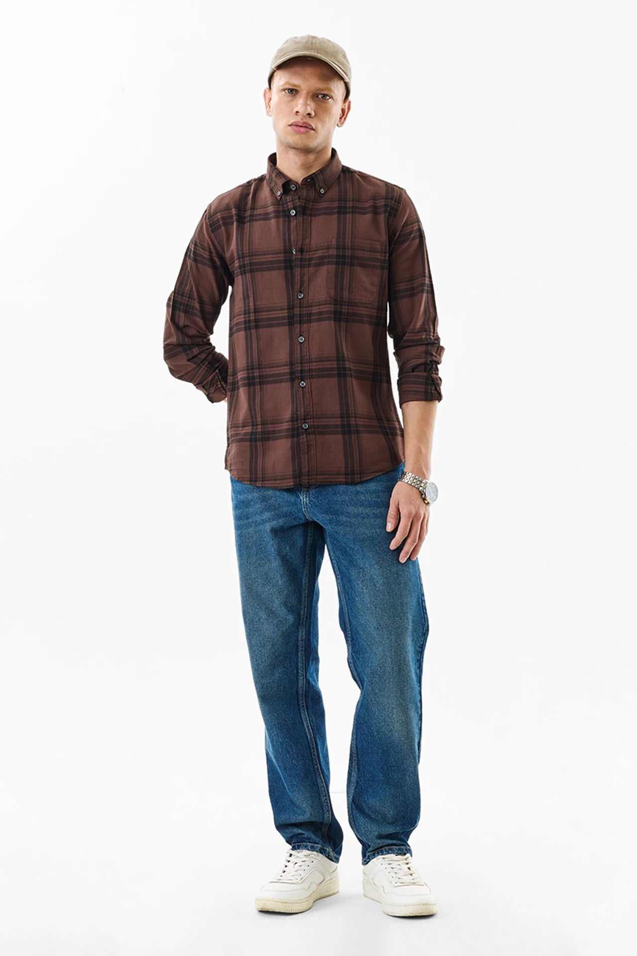 Snitch Brown Slim Fit Checkered Shirt for Men