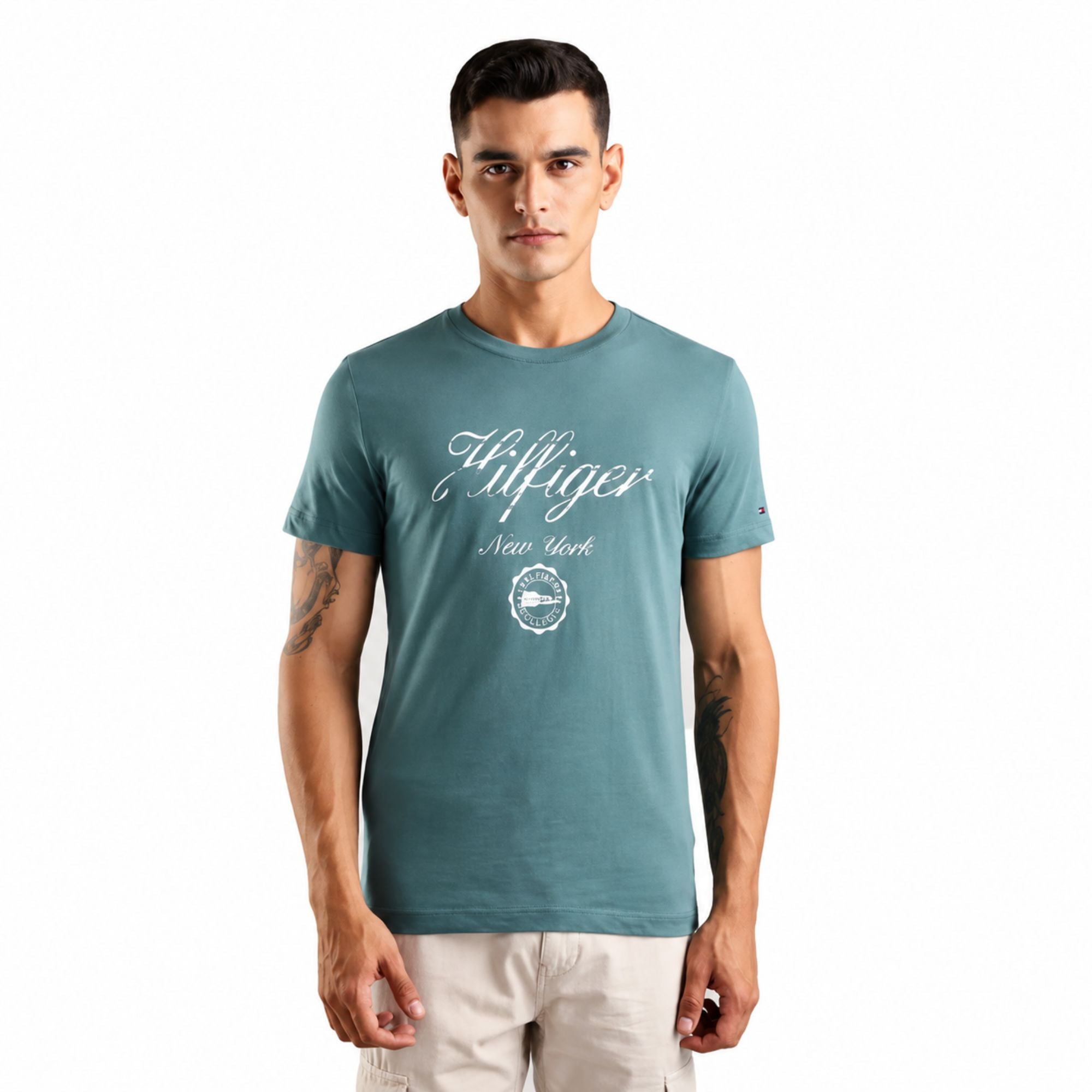 TOMMY HILFIGER Printed Men Crew Neck Cotton T-Shirt - Green