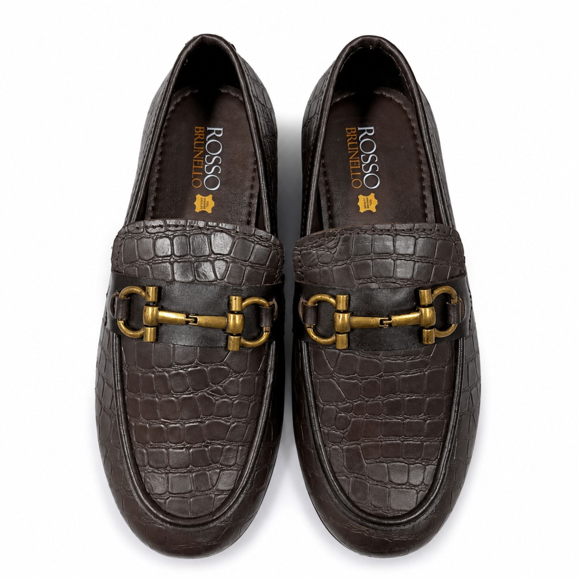 ROSSO BRUNELLO Croc Texture Slip-On Loafers for Men - Brown