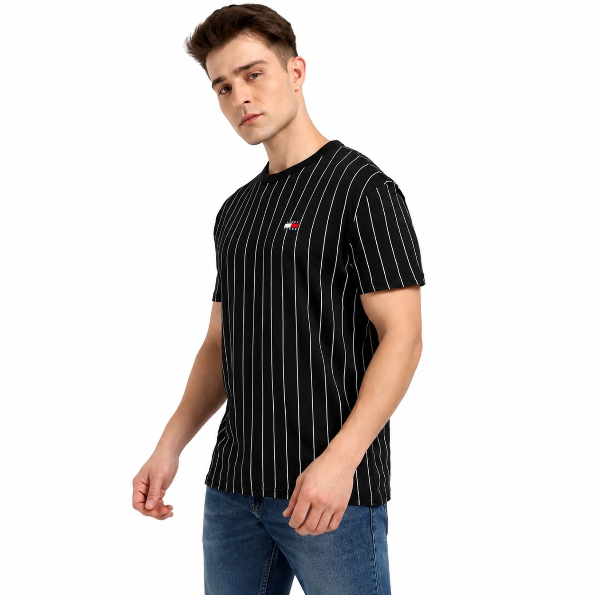 TOMMY HILFIGER Men’s Striped Crew Neck Cotton T-Shirt - Black