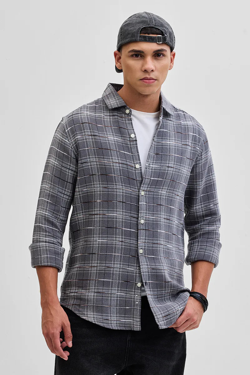 Snitch Grey Slub Textured Checks Shirt for Men