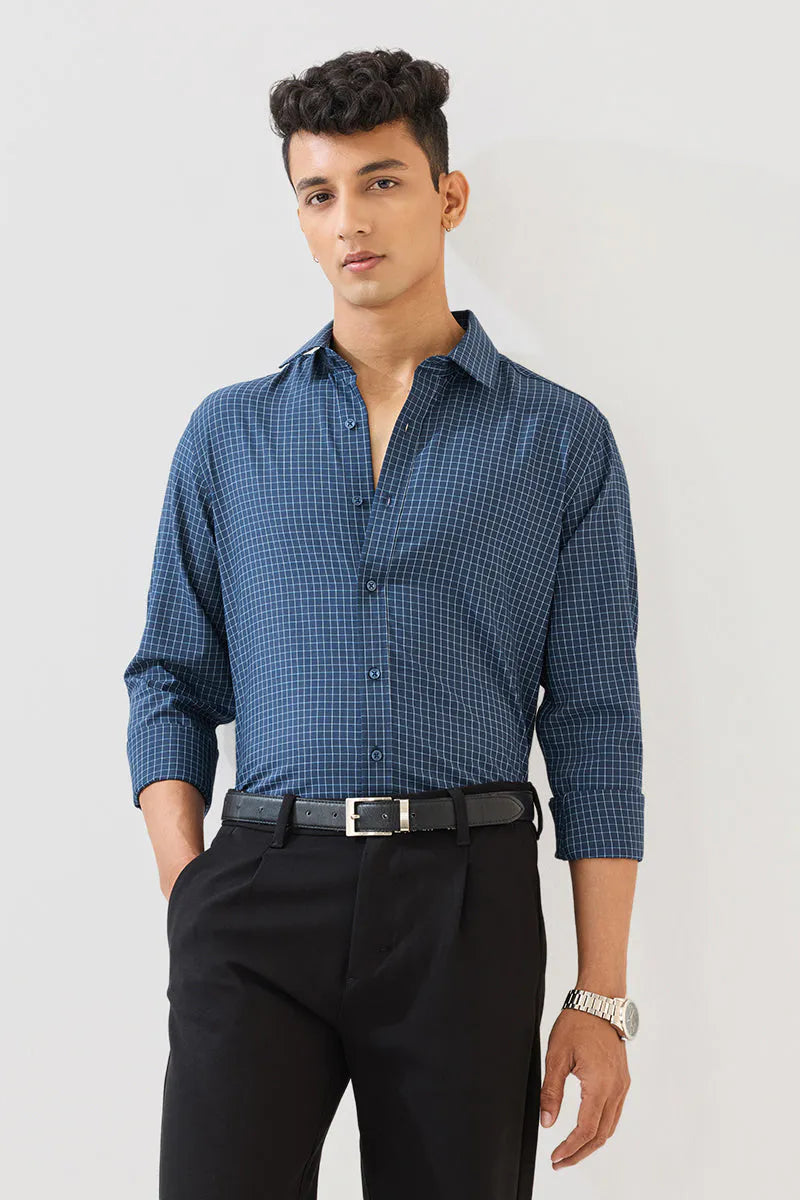 Snitch Men Navy Blue Checks Slim Fit Luxe Casual Shirt for Men