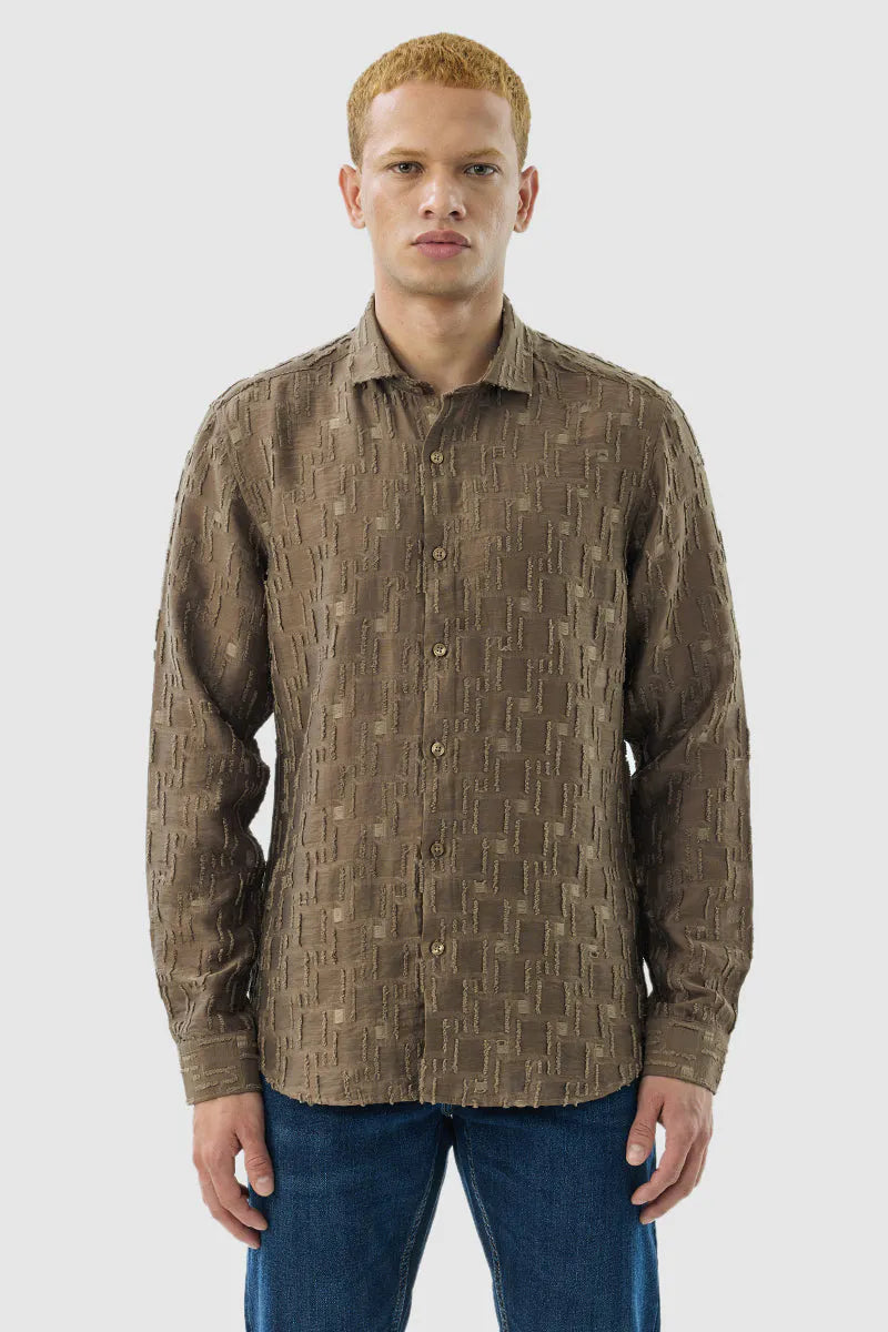 Snitch Brown Textured Slim Luxe Fit Shirt for Men