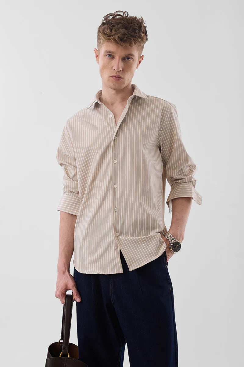 Snitch Men Beige Striped Slim Fit Luxe Casual Shirt for Men