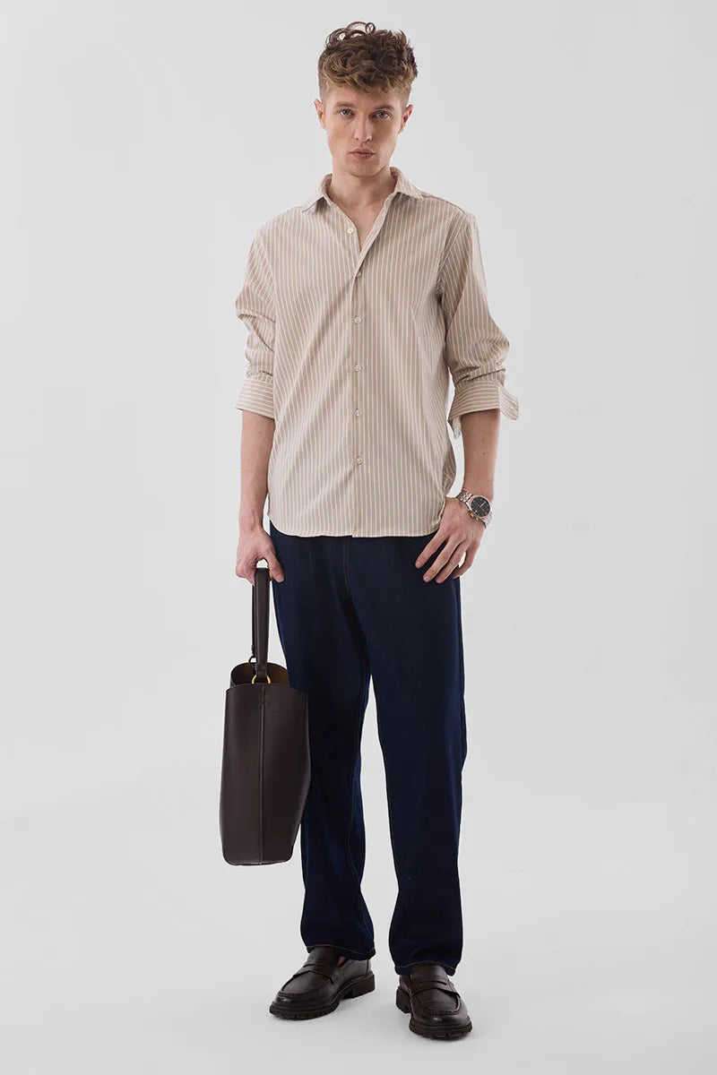 Snitch Men Beige Striped Slim Fit Luxe Casual Shirt for Men