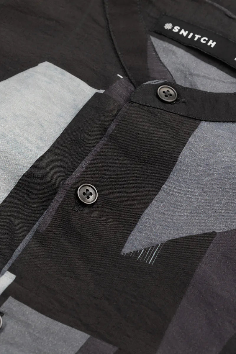 Snitch Black Abstract Mandarin Shirt for Men
