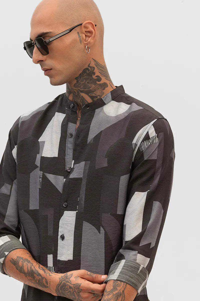Snitch Black Abstract Mandarin Shirt for Men