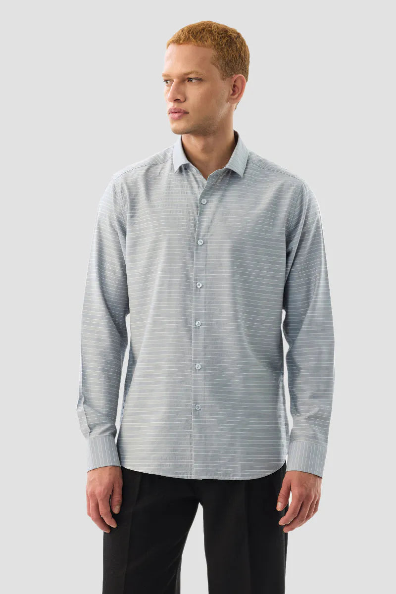 Snitch Men Light Grey Striped Slim Fit Casual Shirt