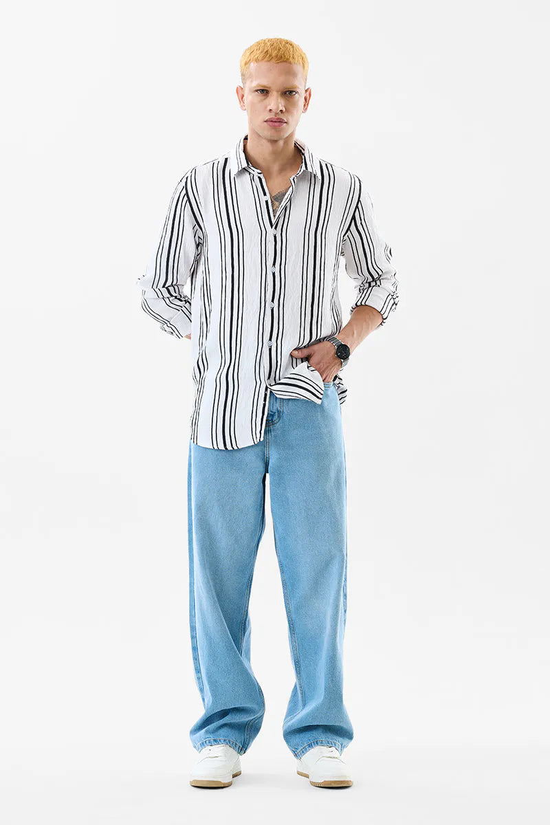 Snitch Men Slim Fit White Striped Casual Shirt