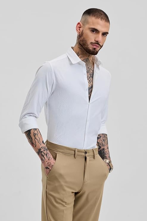 Snitch White Slim Fit Self Design Spread Collar Shirt for Men