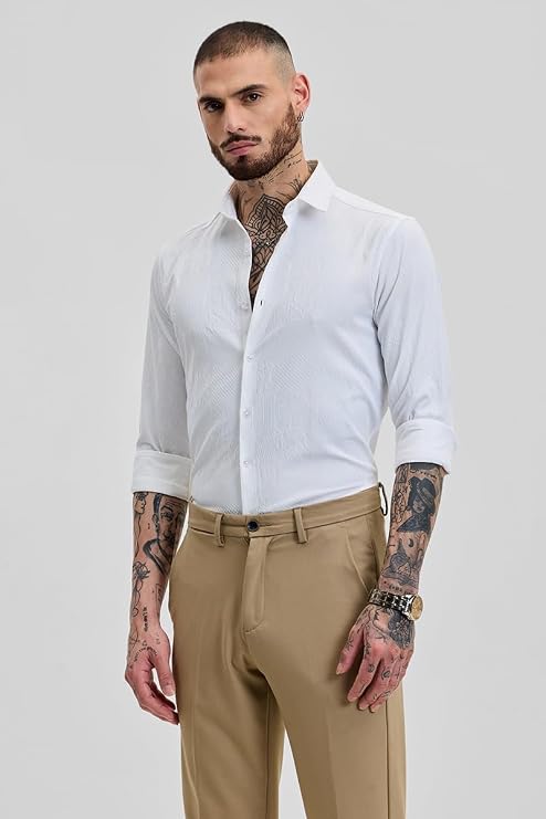 Snitch White Slim Fit Self Design Spread Collar Shirt for Men
