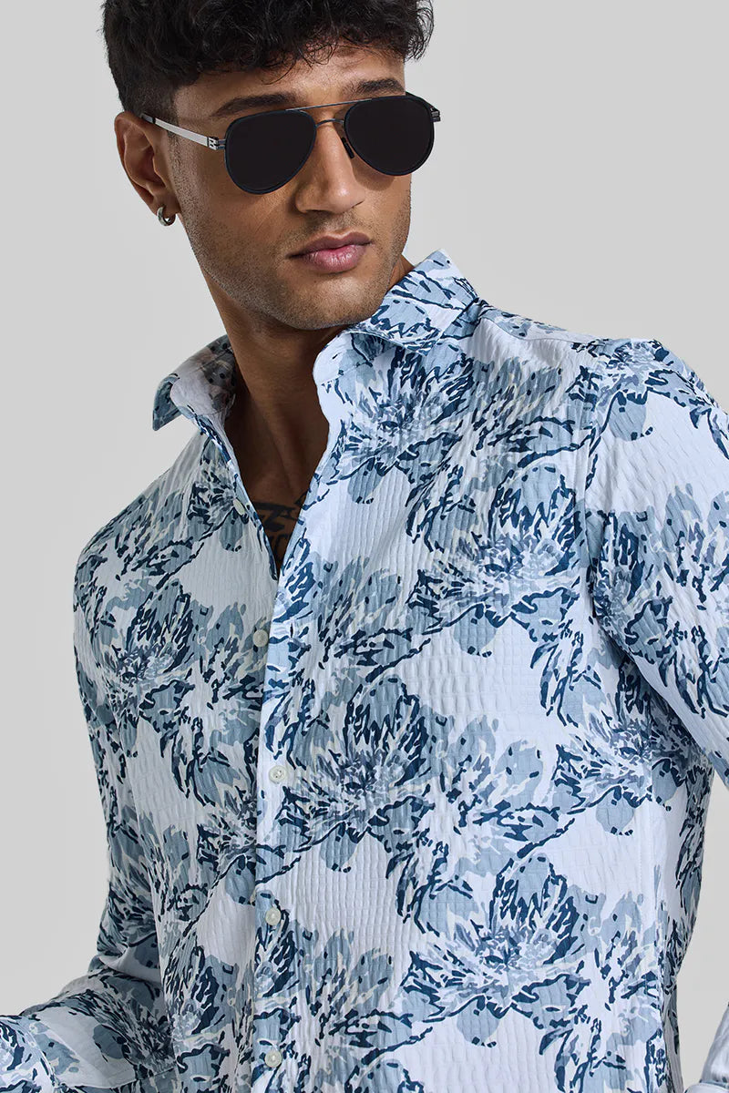 Snitch Light Blue Floral Slim Fit Casual Shirt